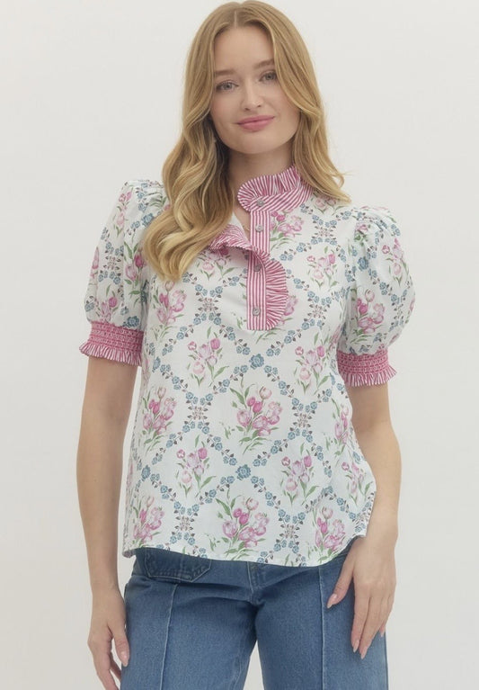 Pink and blue floral shirt