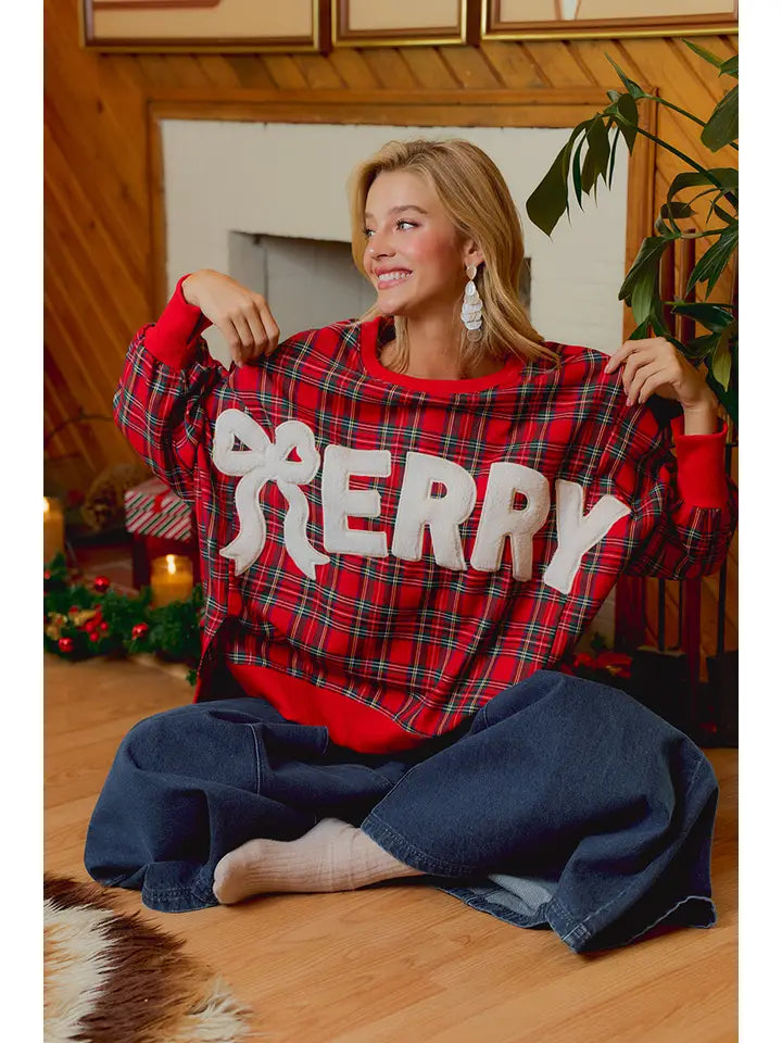 Bibi Christmas Tartan Plaid Merry Sweatshirt