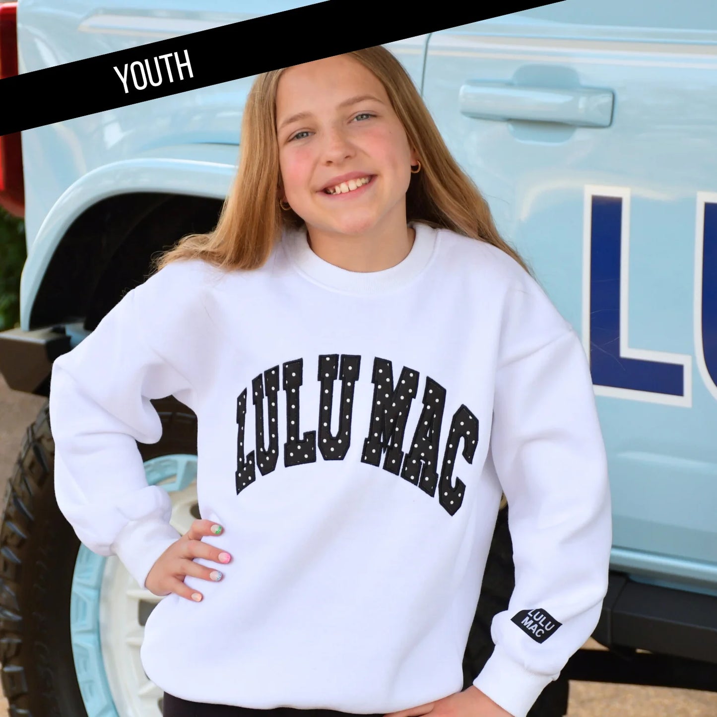 Lulu Mac youth white with black polka dot stitch