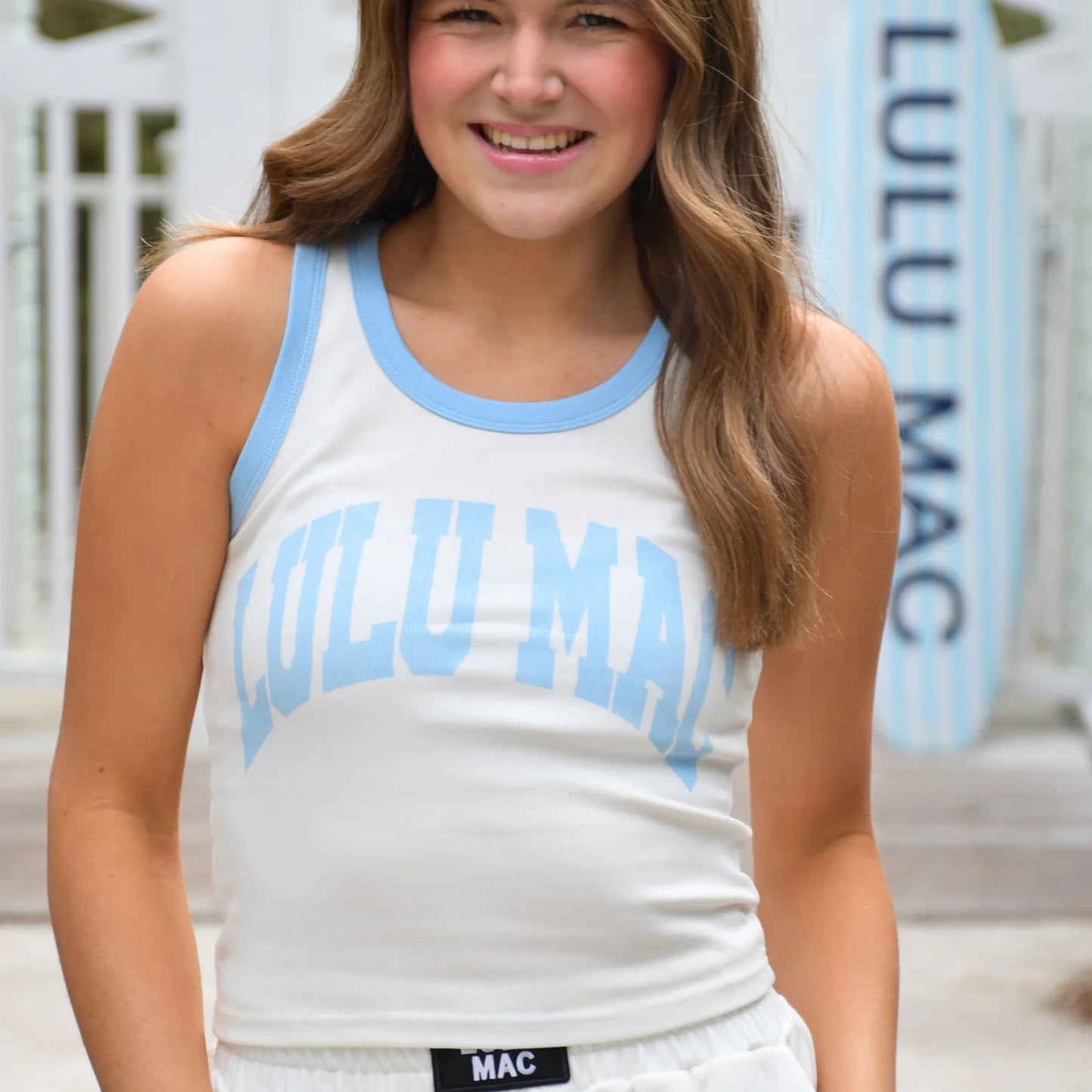 Lulu Mac white tank with light blue