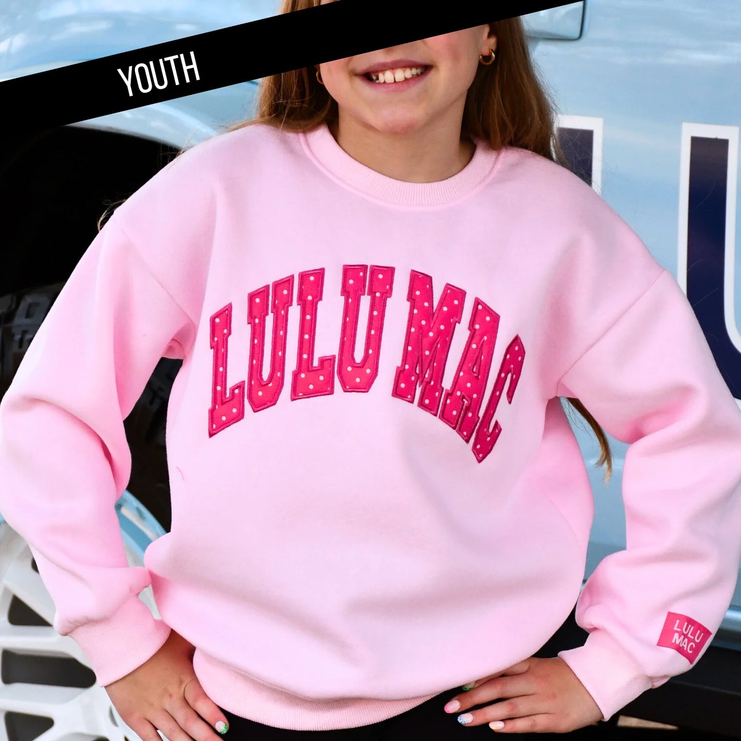 Lulu Mac youth light pink with hot pink polka dot stitch
