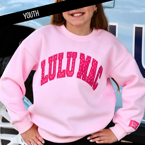 Lulu Mac youth light pink with hot pink polka dot stitch