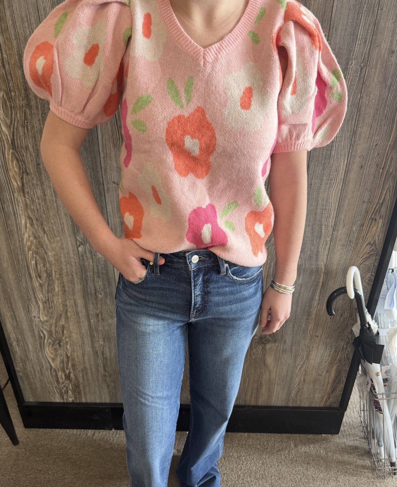 Floral Pattern Puff Sleeves V-neck Sweater