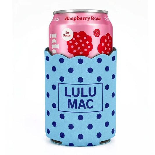 Lulu Mac light blue/navy polka dot koozie