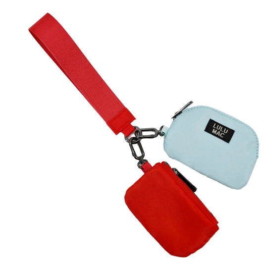 Lulu Mac red and light blue double pouch wristlet