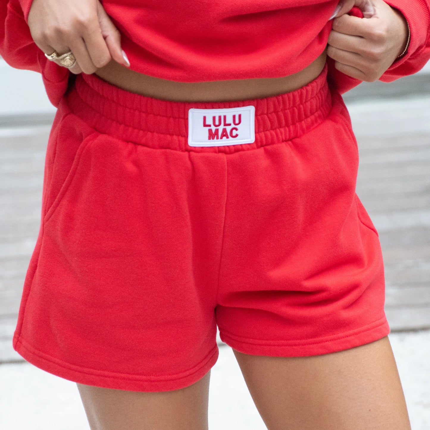 Lulu Mac red terry cloth shorts