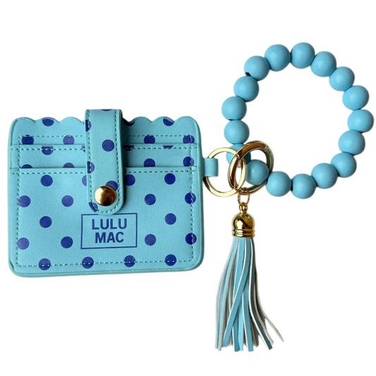 Lulu Mac light blue/navy polka dot keychain