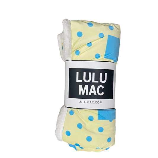 Lulu Mac yellow blanket with blue dots