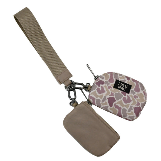 Lulu Mac camo and beige double pouch wristlet