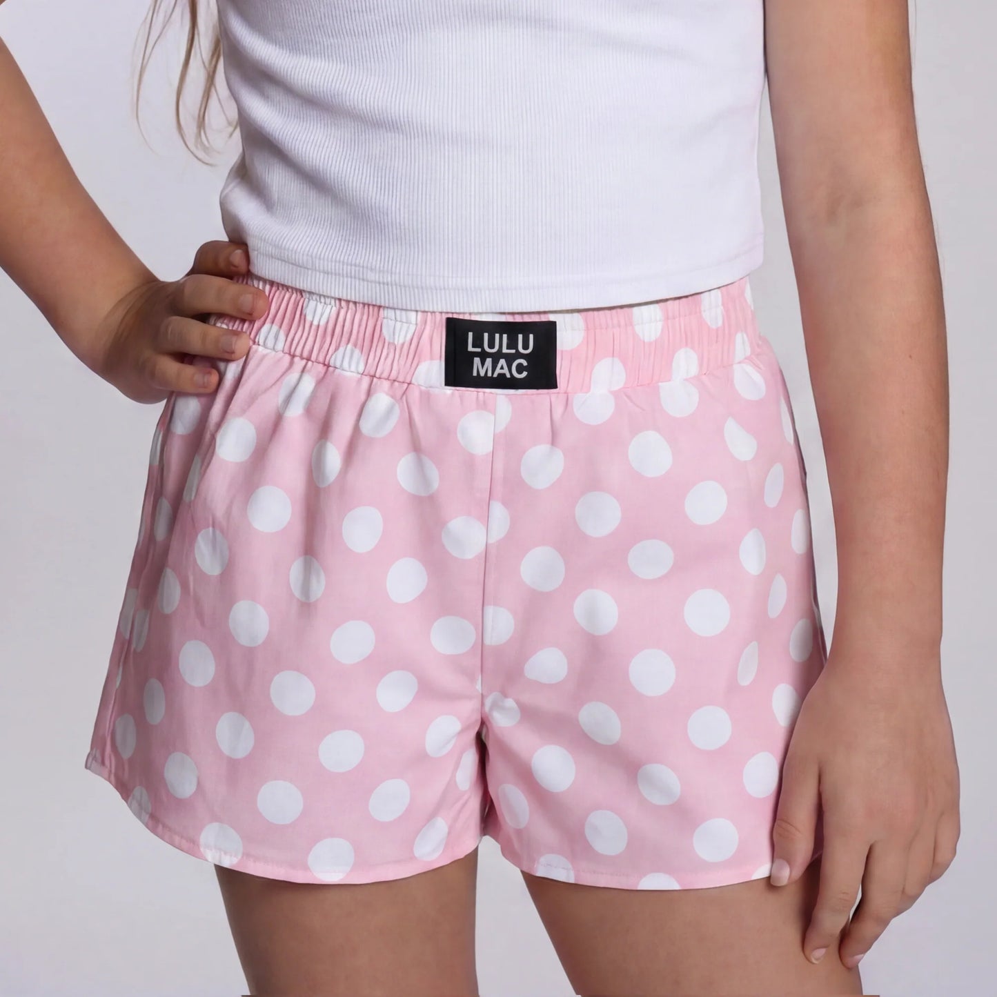 Lulu Mac youth light pink polka dot shorts