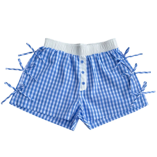 Lulu Mac blue button string gingham shorts