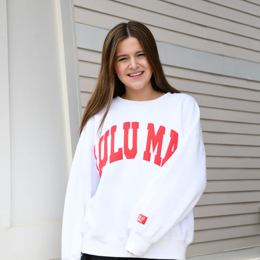 Lulu Mac white with red puff letters