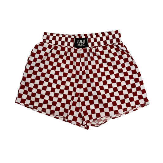 Lulu Mac maroon and white check shorts