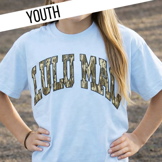 Lulu Mac youth light blue mossy oak camo tshirt