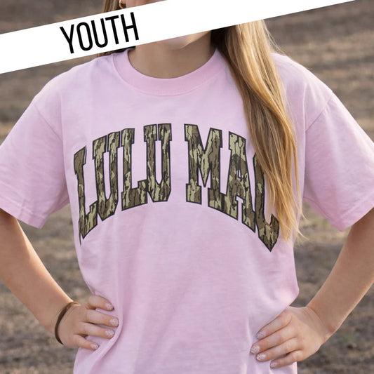 Lulu Mac youth  light pink with mossy oak camo tshirt